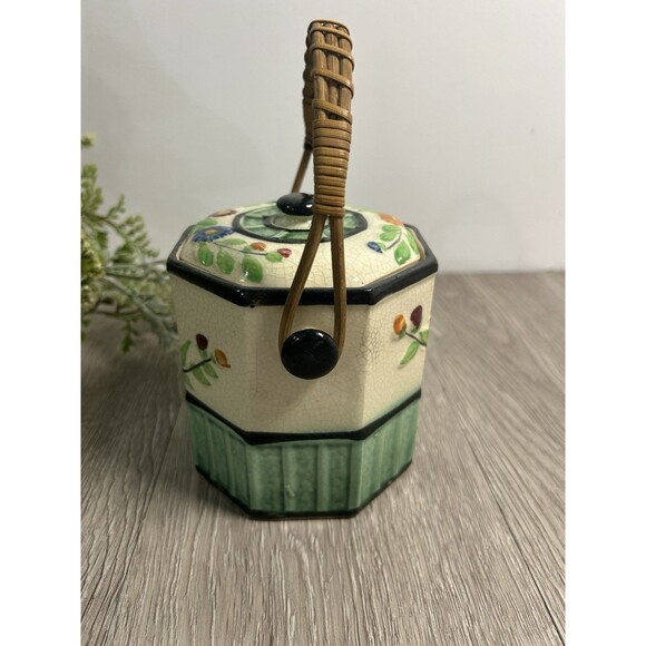 Vintage Porcelain Jar W/ Lid & Wicker Rattan Handle Floral Tea Caddy - Picture 4 of 13